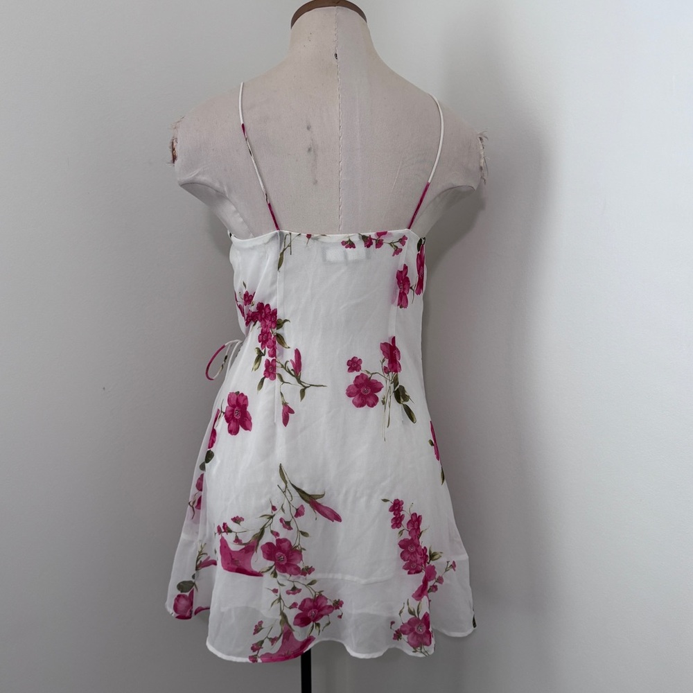Zara Small White Pink Floral Mini Wrap Satin Slip Dress - Picture 3 of 8